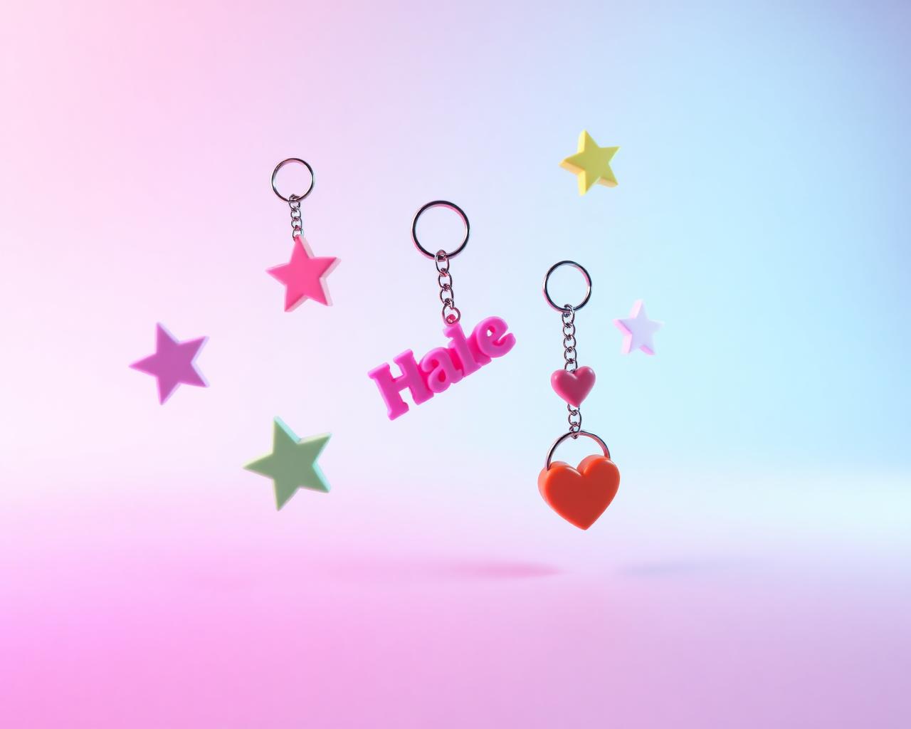 Colorful custom 3D-printed keychains floating on a soft gradient